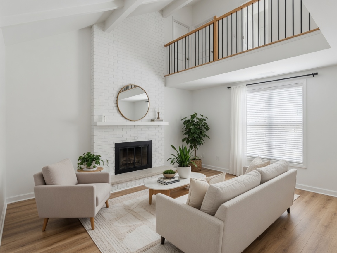 Two-story Vista Isle living room with vaulted ceiling, loft railing and white-brick wood-burning fireplace