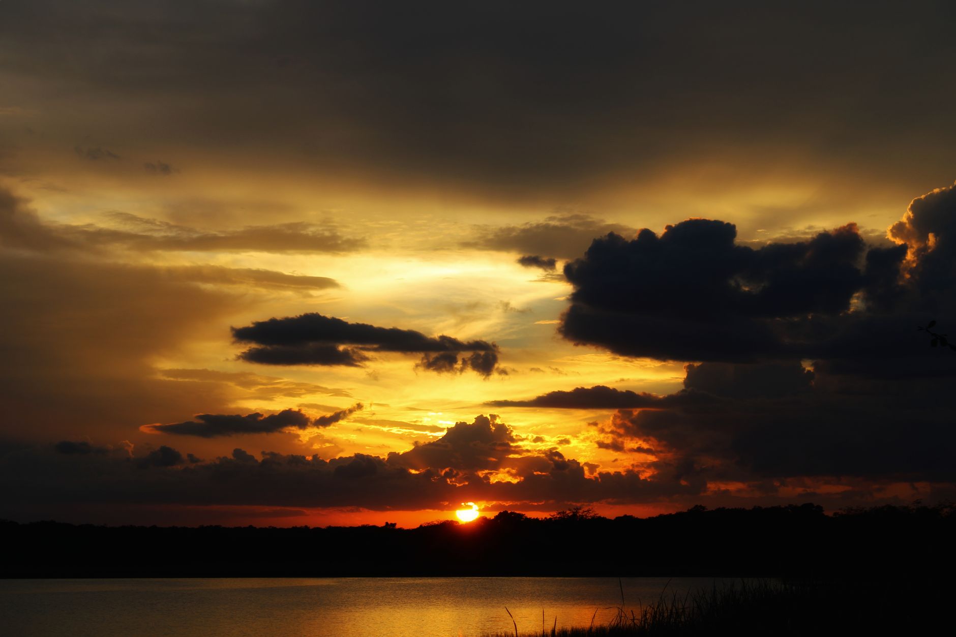 Dramatic golden sunset clouds over a calm tree-lined lake
